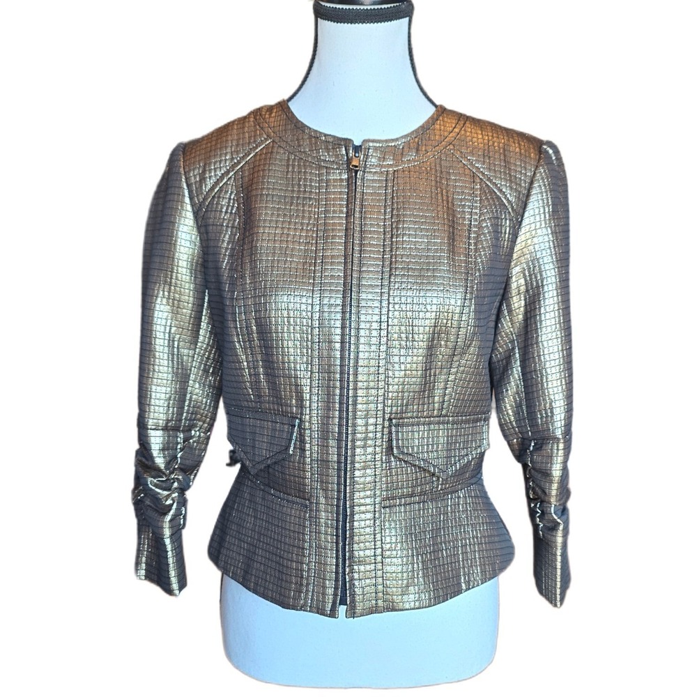 Anthracite Gold Metallic Textured Full Zip Blazer Shrug Cropped Jacket Sz 4 B68‎